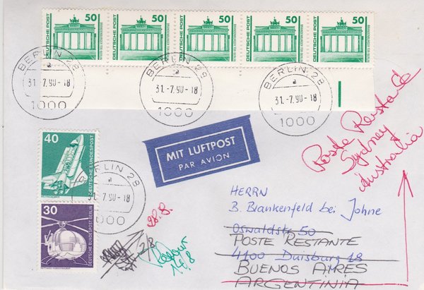 DP 3346 Rolle/Rand (5x) - Luftpostbrief - (Bauwerke + Denkmäler ua) - mit Ersttagsstempel 31-07-1990