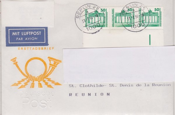 DP 3346 Rolle+Rand (3x) - Auslandsbrief (Bauwerke + Denkmäler) Ersttags-Tagesstempel vom 31-07-1990