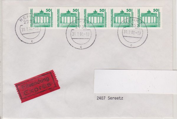 DP 3346  (5x) - Expressbrief - (Bauwerke + Denkmäler) - mit Ersttags-Tagesstempel vom 31-07-1990