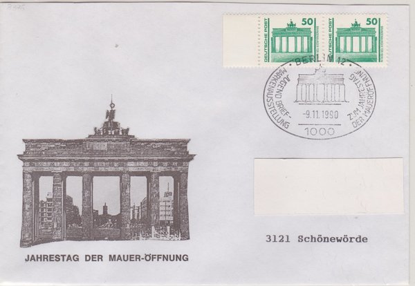 DP 3346 (2x) - Standardbrief - (Bauwerke + Denkmäler) - Maueröffnung - Sonderstempel vom 09-11-1990