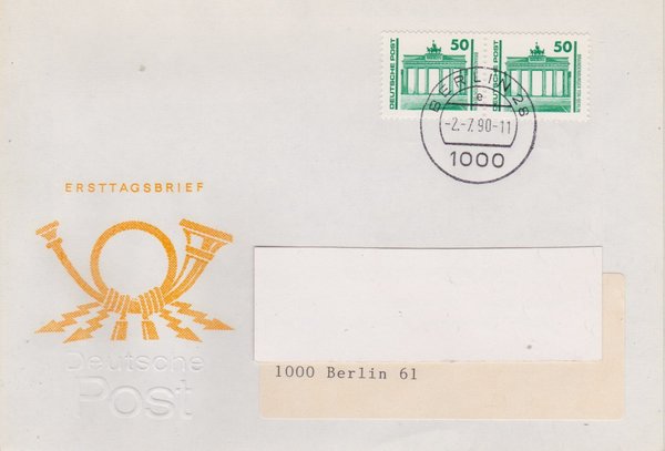 DP 3346 (2x) Standardbrief (Bauwerke + Denkmäler) - Währungsunion - Ersttags-Tagesstempel 02-07-1990