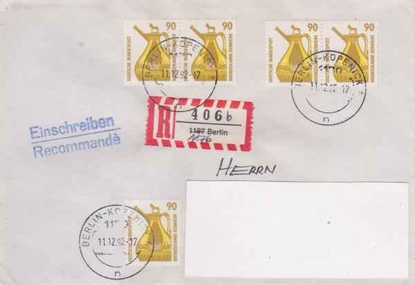 BUND 1380 (5x) - Einschreibebrief - mit Aufbrauch-R-Zettel 1187 in 1176 - Stempel vom 11-12-1992