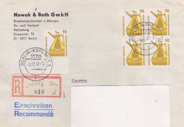 BUND 1380 (5x) - Einschreibebrief - mit Aufbrauch-R-Zettel 1187 in 1176 - Stempel vom 05-12-1992