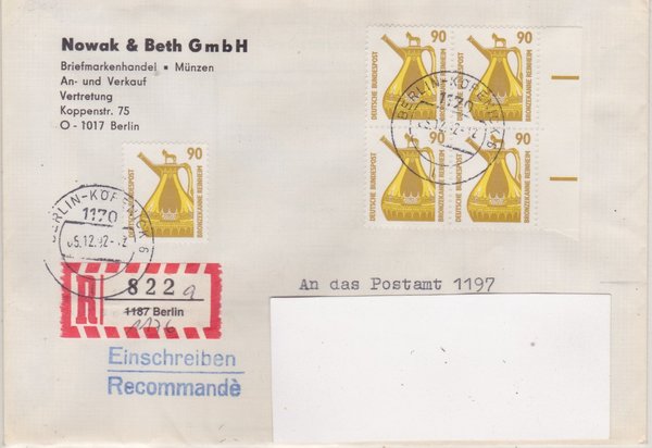 BUND 1380 (5x) - Einschreibebrief - mit Aufbrauch-R-Zettel 1187 in 1176 - Stempel vom 05-12-1992