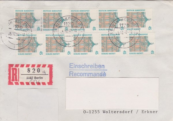 BUND 1468 (10x) - Einschreibebrief - Aufbrauch-R-Zettel <O> 1187 in 1176 - Stempel vom 05-12-1992