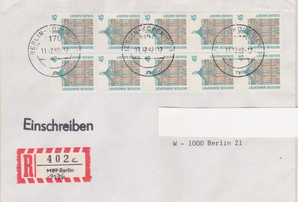 BUND 1468 (10x) - Einschreibebrief - Aufbrauch-R-Zettel <O> 1187 in 1176 - Stempel vom 11-12-1992