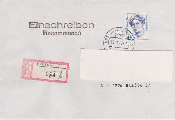 BUND 1614 - Einschreibebrief mit Aufbrauch-R-Zettel 1172 in 1176 - Stempel vom 15-01-1993