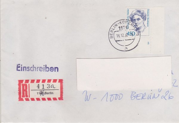 BUND 1614 - Einschreibebrief mit Aufbrauch-R-Zettel 1187 in 1176 - Stempel vom 16-12-1992