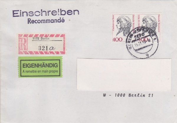 BUND 1582 (2x) - Einschreibebrief/Eigenhändig mit Aufbrauch-R-Zettel 1172 in 1176 -  vom 15-01-1993