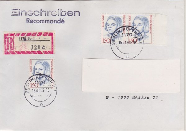 BUND 1497 (3x) - Einschreibebrief mit DDR-Aufbrauch-R-Zettel 1172 in 1176 - Stempel vom 15-01-1993