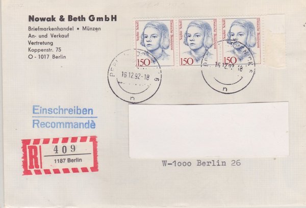 BUND 1497 (3x) - Einschreibebrief mit DDR-Aufbrauch-R-Zettel 1187 in 1176 - Stempel vom 16-12-1992