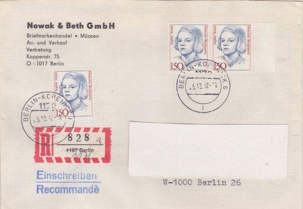 BUND 1497 (3x) - Einschreibebrief mit DDR-Aufbrauch-R-Zettel 1187 in 1176 - Stempel vom 05-12-1992