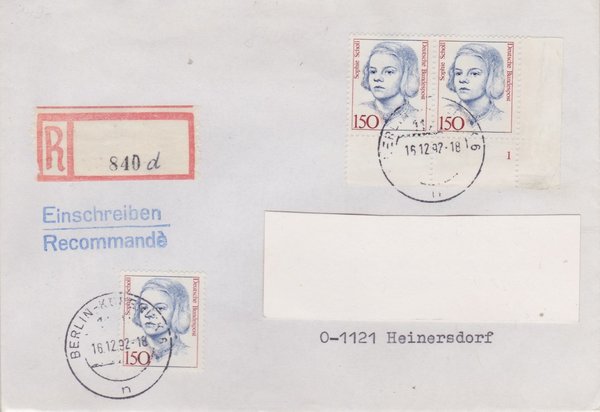 BUND 1497 (3x) - Einschreibebrief mit DDR-Blanco-R-Zettel in 1170 Köpenick 6 - vom 16-12-1992