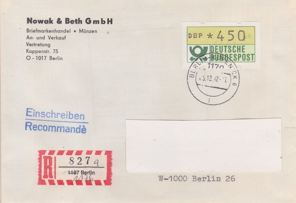 BUND ATM 1 - Einschreibebrief - Aufbrauch-R-Zettel 1187 in 1176 - mit Stempel vom 05-12-1992