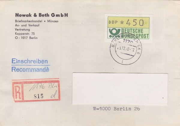 BUND ATM 1 - Einschreibebrief - DDR-Blanco-R-Zettel in 1176 - mit Stempel vom 05-12-1992