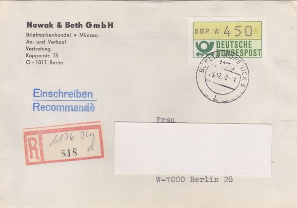 BUND ATM 1 - Einschreibebrief - DDR-Blanco-R-Zettel in 1176 - mit Stempel vom 05-12-1992