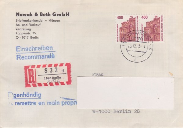 BUND 1562 (2x) - Einschreibebrief - DDR-Aufbrauch-R-Zettel 1187 in 1176 - Stempel vom 05-12-1992