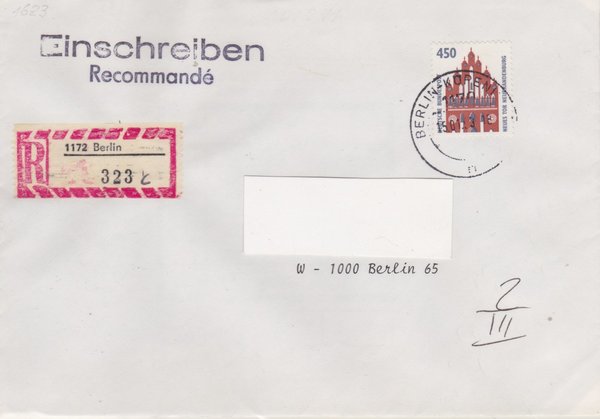 BUND 1623 - Einschreibebrief - DDR-Aufbrauch-R-Zettel 1172 in 1170 - Stempel vom 15-01-1993