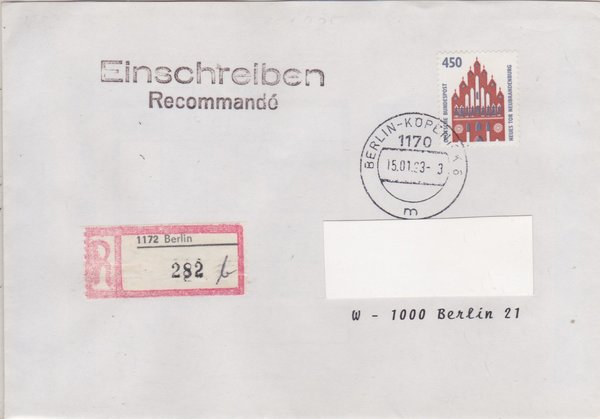 BUND 1623 - Einschreibebrief - DDR-Aufbrauch-R-Zettel 1172 in 1170 - Stempel vom 15-01-1993