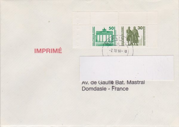 DP 3345 (2x) MH - Drucksache Frankreich - (Bauwerke + Denkmäler) - mit Tagesstempel vom 02-10-1990