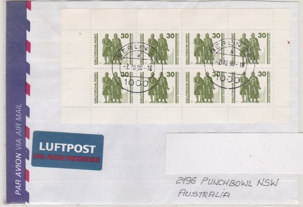 DP 3345 (8x) MH-Blatt - Auslands-Luftpostbrief (Bauwerke + Denkmäler) - Tagesstempel vom 02-10-1990