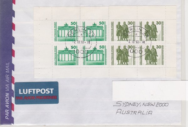 DP 3345 (4x) MH ua  Auslands-Luftpostbrief - (Bauwerke + Denkmäler) mit Tagesstempel vom 02-10-1990
