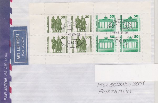 DP 3345 (4x) MH ua - Auslands-Luftpostbrief - (Bauwerke + Denkmäler) mit Tagesstempel vom 02-10-1990