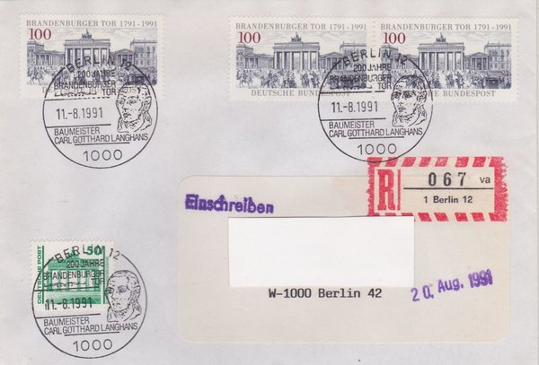 DP 3346, BUND 1492 (3x) - Einschreibebrief - (Bauwerke + Denkmäler ua) mit Sonderstempel 11-08-1991