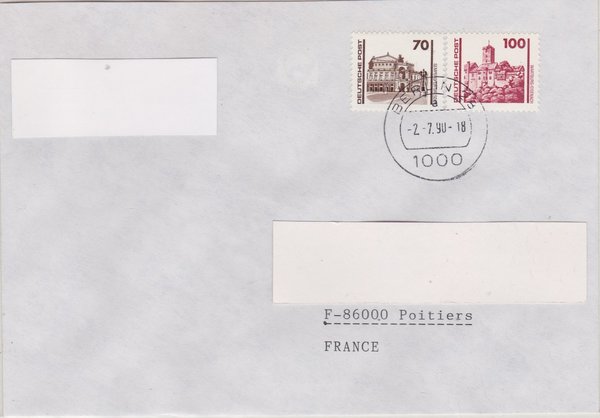 DP 3348, 3350 - Auslandsbrief  (Bauwerke + Denkmäler) Ersttags-Tagesstempel 02-07-1990 - unzulässig