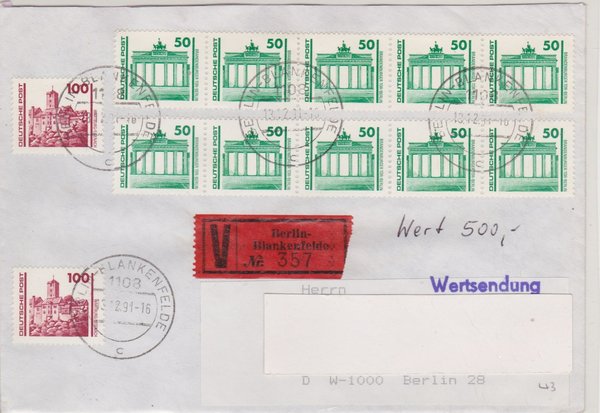 DP 3346 (10x), 3350 (2x)  - Wertbrief - (Bauwerke + Denkmäler) - mit Tagesstempel vom 13-12-1991