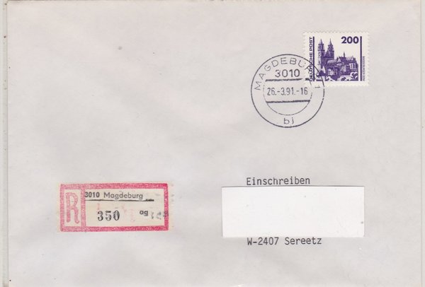 DP 3351- Einschreibebrief - (Bauwerke + Denkmäler) - Tarif-Spätverwendung - Tagesstempel 26-03-1991