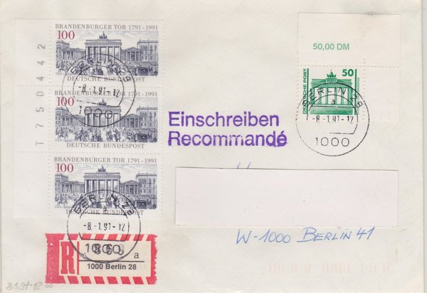 DP 3346, BUND 1492 (3x) - Einschreibebrief - (Bauwerke + Denkmäler ua) mit Tagesstempel 08-01-1991