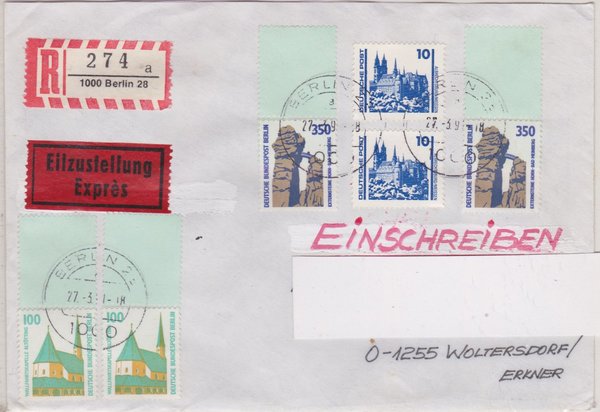 DP 3344 ua - Express-Einschreibebrief - (Bauwerke + Denkmäler ua) - mit Tagesstempel vom 27-03-1991