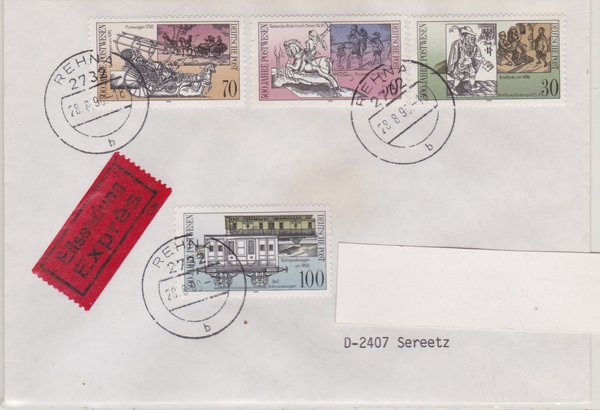 DP 3354-3357 Satz - Ersttagsbrief - (500 Jahre Intern. Postverbindungen) mit Tagesstempel 28-08-1990