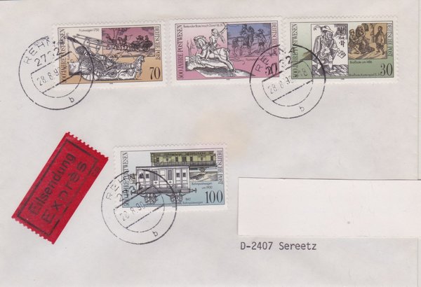 DP 3354-3357 Satz - Ersttagsbrief - (500 Jahre Intern. Postverbindungen) mit Tagesstempel 28-08-1990