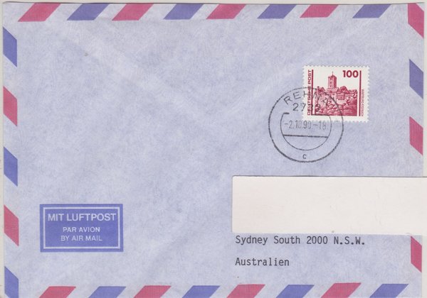 DP 3350 - Auslands-Luftpostbrief - (Bauwerke + Denkmäler) - mit Tagesstempel vom 02-10-1990