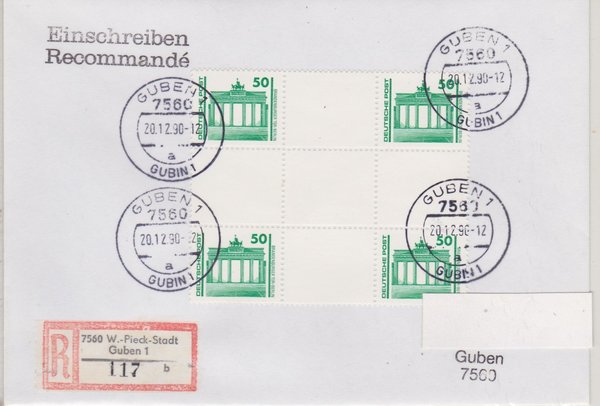 DP 3345 (4x) - EBF - Herzstück - Einschreibebrief (Bauwerke + Denkmäler) Tagesstempel vom 20-12-1990
