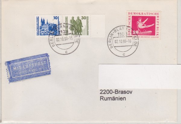DP 3344 ua - Luftpostbrief nach Rumänien - (Bauwerke + Denkmäler ua ) - Tagesstempel vom 02-10-1990