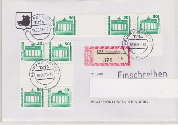 DP 3346 (7x) MH-Bogen - Einschreibebrief (Bauwerke + Denkmäler) - mit Tagesstempel vom 19-06-1991