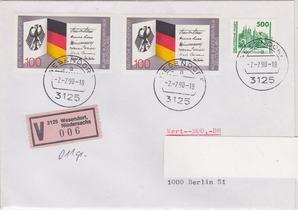 DP 3352 ua - Wertbrief - (Bauwerke + Denkmäler ua) - Währungsunion - Ersttagsstempel vom 02-07-1990