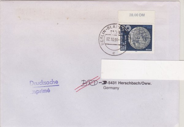 DP 3362 Drucksache - (Astronautische Föderation) - mit Ersttags-Tagesstempel vom 02-10-1990