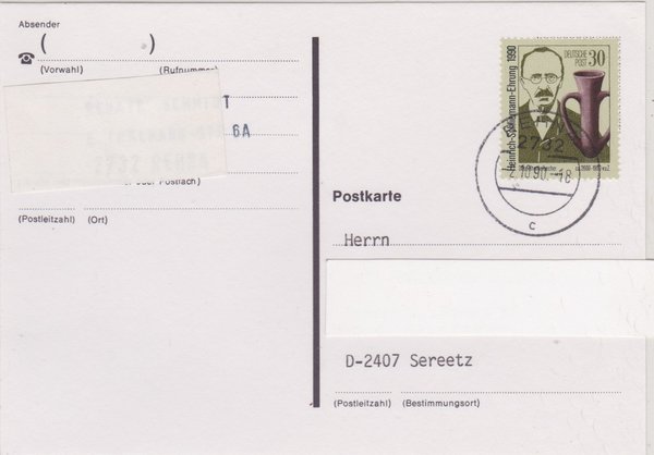 DP 3364 - Standard-Postkarte - (Tod von Heinrich Schliemann) - mit Ersttags-Tagesstempel 02-10-1990