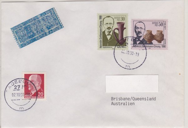 DP 3364, 3365 ua - Luftpostbrief (Tod von Heinrich Schliemann ua) - Ersttags-Tagesstempel 02-10-1990