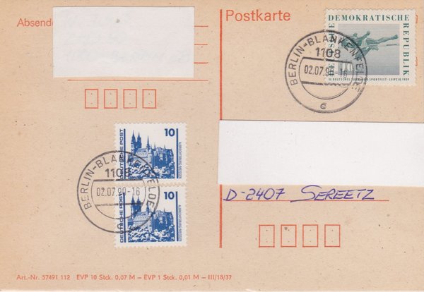 DP 3344 (2x) ua - Postkarte - (Bauwerke + Denkmäler ua ) - Remailing - Tagesstempel vom 02-07-1990