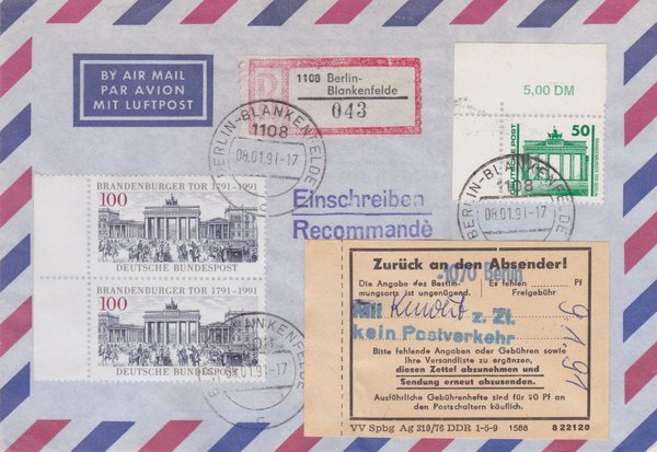 DP 3346 ua - Einschreibebrief - (Bauwerke + Denkmäler ua) - Remailing - Stempel 08-01-1991 - ZURÜCK