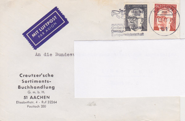 BUND 635, 639 Standard-Luftpostbrief <Gustav Heinemann> mit Tagesstempel Aachen vom 27-06-1973