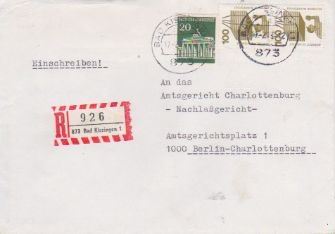 BUND 507 Einschreibebrief <Brandenburger Tor> mit Tagesstempel Bad Kissingen vom 17-02-78