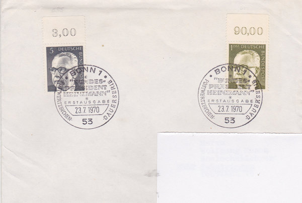 BUND 635, 644 Standard-Ersttagsbrief <Gustav Heinemann> mit Sonderstempel Bonn 1 vom 23-07-1970