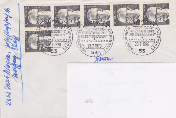 BUND 635 (6x) Standard-Ersttagsbrief <Gustav Heinemann> mit Sonderstempel Bonn 1 vom 23-07-1970