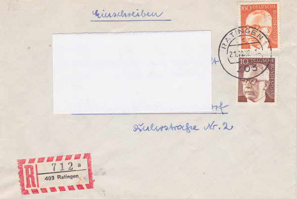 BUND 636, 692 Einschreibebrief <Gustav Heinemann> mit Tagesstempel Ratingen vom 21-10-1972